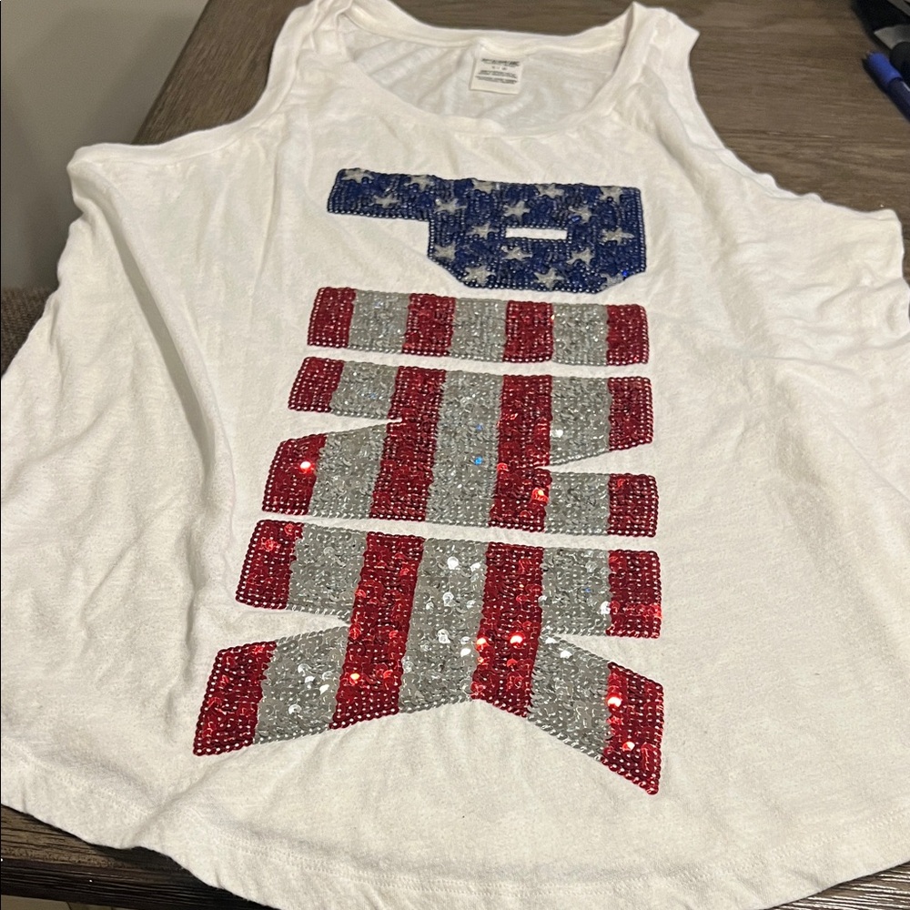 PINK Victoria's Secret women’s Tank Top - White with Red, Blue, and Silver